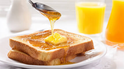 バターをのせたトーストにたっぷりとはちみつをかける朝食風景