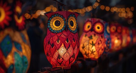 Youngsters painting vivid owl lanterns for St Martins night procession
