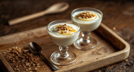 Two glasses of creamy yogurt beautifully placed on a rustic textured wooden tray for indulgent treat