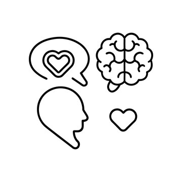 Mental health and psychology icon set featuring brain heart and human profile for emotional intelligence concept on white background