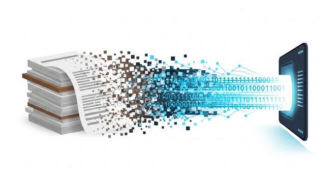 Digital data transfer from paper documents to a smartphone symbolizing modernization and innovation in information technology