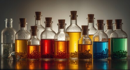 Medicinal glass vials with chemical compounds illustrating historical pharmaceutical studies