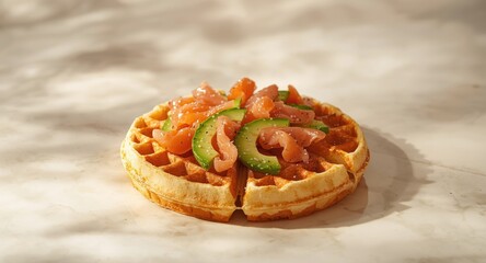 Tasty morning treat of waffle topped with salted salmon and ripe avocado
