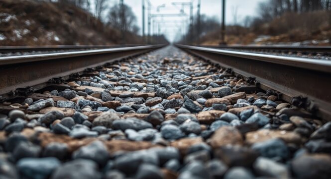 Train track foundation with ballast stones in industrial setting