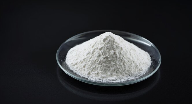 Sodium hydroxide NaOH white solid chemical powder in glass plate against black backdrop