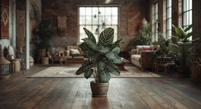 Selective focus emphasizing Alocasia Frydek in a spacious bohemian industrial living room