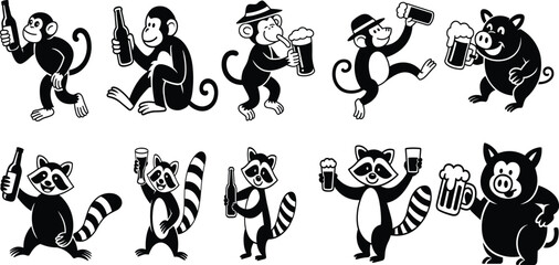 Obraz premium Playful cartoon animals holding beer mugs and bottles, featuring monkeys, pigs, and raccoons in humorous festive poses with creative party celebration design