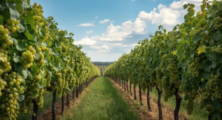 Fototapeta premium Natural vineyard landscape filled with green grape clusters