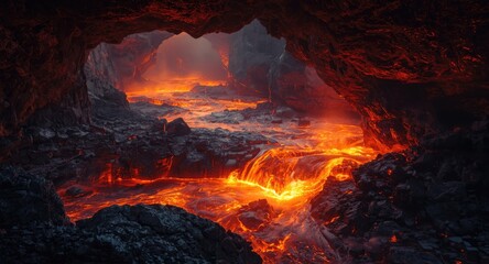 Fiery volcanic lava rivers coursing through stone caves creating a magical fantasy scene