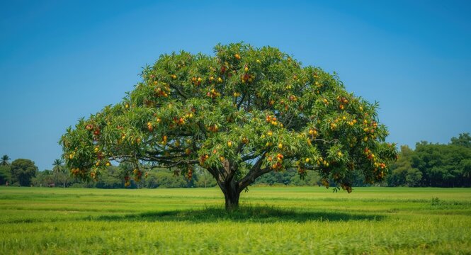 A fruitful mango tree covered with ripe mangoes in the middle of a vast green field