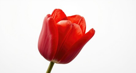 Obraz premium Bold scarlet tulip bloom against a clean white background suited to Easter or Valentine wishes