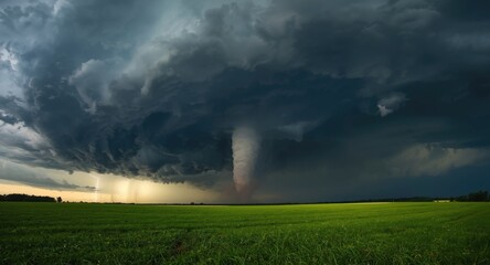 Obraz premium A powerful tornado develops beneath a stormy sky over an open field