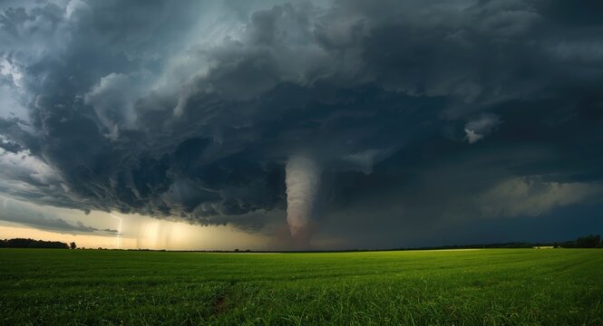 A powerful tornado develops beneath a stormy sky over an open field
