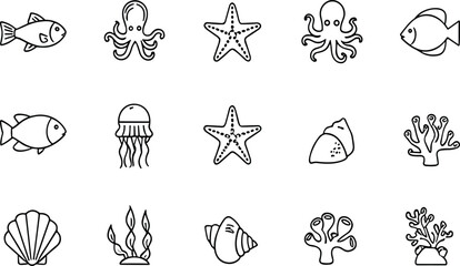 Marine Life Line Icons Set with Fish Octopus Starfish Jellyfish Shell Coral and Seaweed Outline Vector Collection © Sumon Creative