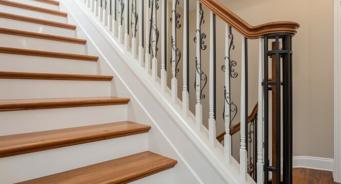 Stylish home staircase combining wooden steps with white risers and wrought iron decorative spindles