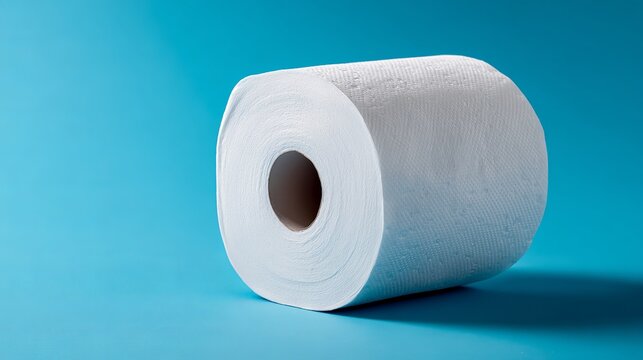 A roll of white toilet paper on a blue background with a shadow underneath it