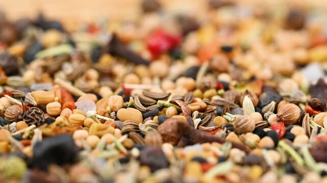 capturing a diverse collection of aromatic dried spices, including pungent chili flakes