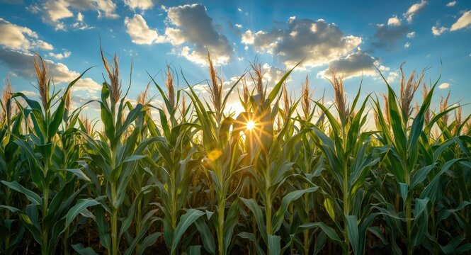 Healthy tall corn stalks bathed in warm sunlight beneath a vivid sky