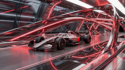 Fototapeta premium Silver formula race car in red illuminated high tech tunnel. Concept of cutting edge engineering promotion, speed campaign visual, and bold automotive branding material.