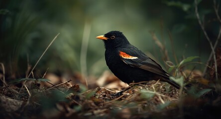 Fototapeta premium Blackbird with eye-catching red wings resting in a secluded woodland reserve