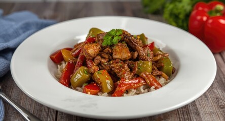 Fototapeta premium Home style stir fry featuring savory meat and bell peppers