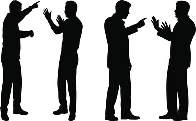Naklejka premium Silhouette of two pairs of men engaged in heated discussion, pointing and gesturing, representing conflict, disagreement, communication, and social interaction illustration