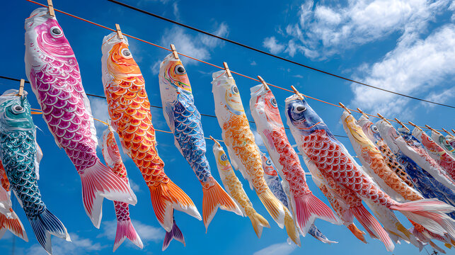 Colorful fishshaped decorations hanging outdoors