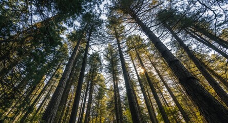 Fototapeta premium Vertical look at tall pine trees from forest floor with natural light