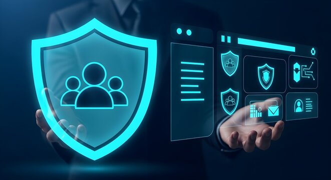 Cybersecurity concept with a businessman holding a glowing shield icon representing group data protection and privacy.