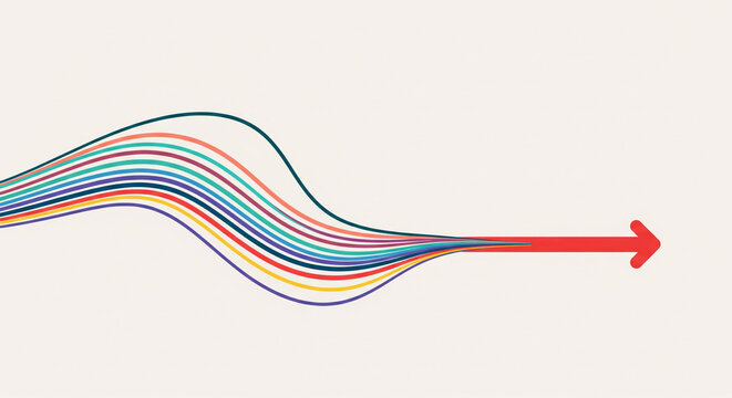 Abstract colorful wavy lines converge into a singular red arrow pointing right symbolizing progress direction and data flow against a neutral background representing forward movement and strategy