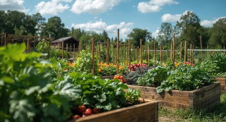 Fresh organic vegetable garden using wooden raised beds and vertical bean supports