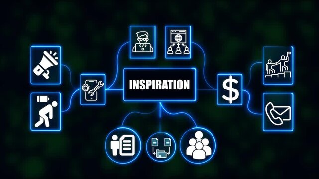 Inspiration Process Concept with Neon Business and Technology Icons, Data Transfer, Marketing and Network Connection Animation on Dark Background
