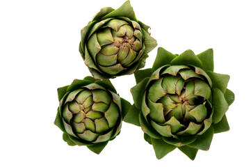 Fototapeta premium Three Artichokes Overhead View on White Background