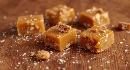 Butterscotch toffee caramels with salted caramel pieces and sea salt on a brown textured background with copy space