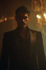 Fototapeta premium Cinematic luxury perfume campaign portrait of a mysterious seductive man in a black satin suit exuding dangerous charisma against a deep black and warm gold blurred opera house background.