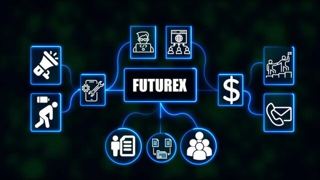 Futurex Process Concept with Neon Business and Technology Icons, Data Transfer, Marketing and Network Connection Animation on Dark Background