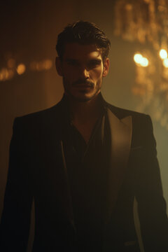 Cinematic luxury perfume campaign portrait of a mysterious seductive man in a black satin suit exuding dangerous charisma against a deep black and warm gold blurred opera house background.