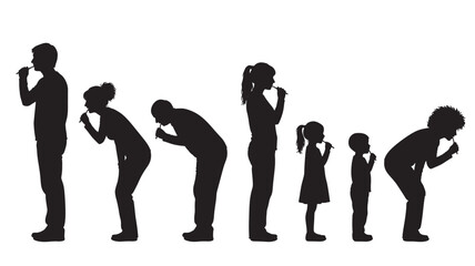 Obraz premium People set with various poses and ages brushing teeth together in silhouette featuring family, oral hygiene, dental care with black and white and health elements for hygiene, grooming projects, clean