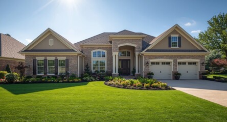 Fototapeta premium Luxury house front with two-car garage and tasteful landscaping illuminated by bright sun featuring copy space