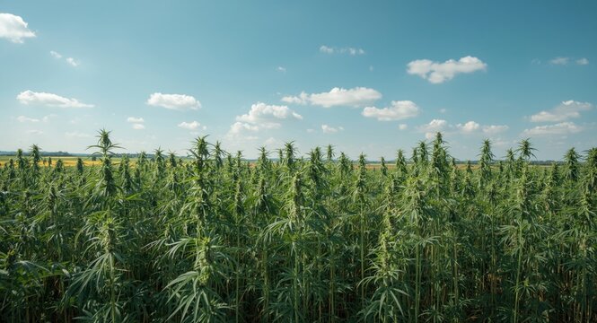 Tall green hemp plants flourishing in a wide field beneath a bright blue sky dotted with light clouds for oil production
