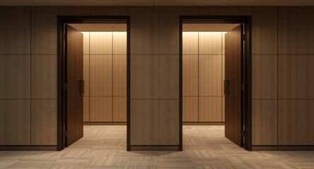 Quiet office space displaying open doorways and blank wall panels