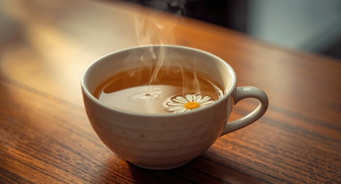 Zoomed in photo of a tasty chamomile tea cup with ginger infusion placed on dining table