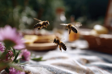 A captivating image of bees in flight amidst blooming flowers, symbolizing nature's intricate balance and the importance of pollination for sustenance and harmony in the ecosystem.