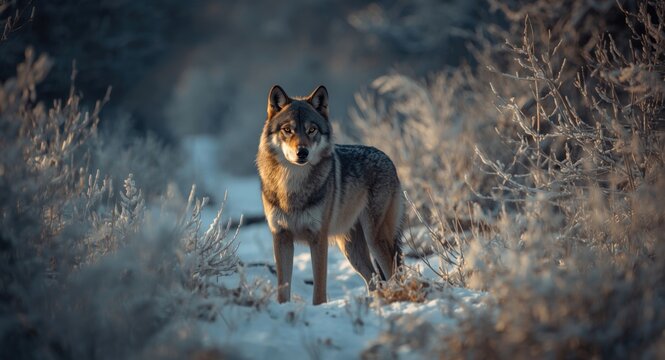 Wild Eurasian wolf in frost laden forest during winter season