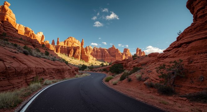Scenic road winding through vibrant red sandstone formations in a desert recreation park