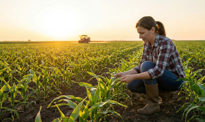 Female agronomist inspecting young corn plants in a vast field at sunset