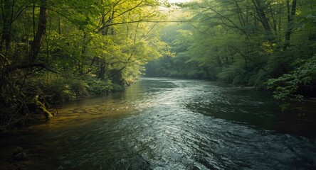 Fototapeta premium Gentle forest art portraying a twisting river surrounded by dense trees in a bright natural environment