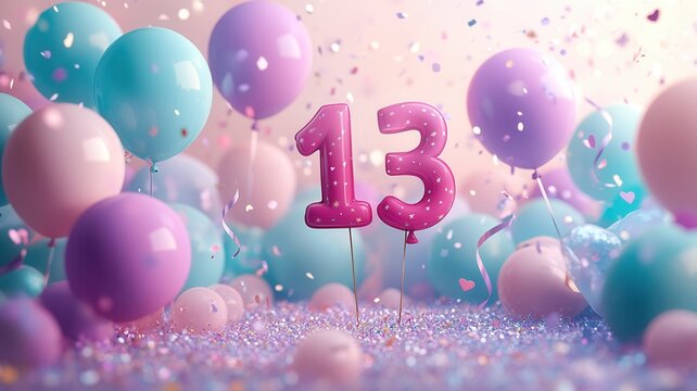 Celebrating thirteen years with pink number 13 foil balloon, pastel balloons, stars, and colorful confetti