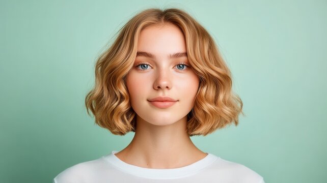 Blonde woman with wavy short bob haircut showing healthy hair color effect against plant light background