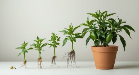 Fototapeta premium Pepper plant development stages demonstrated clearly from initial seed to mature potted specimen